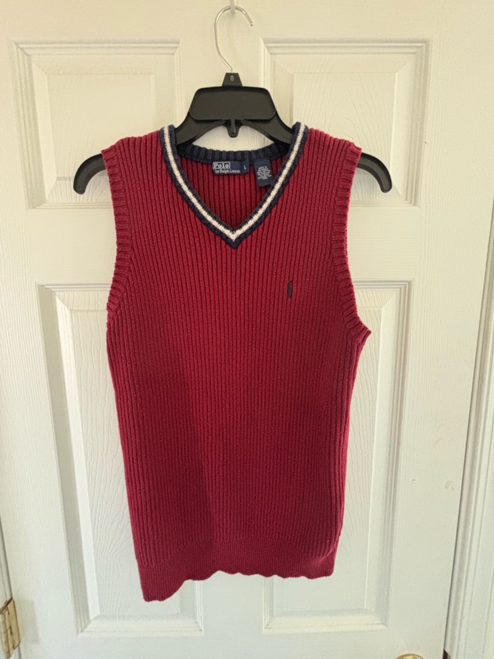 Polo by Ralph Lauren Men's Red V-Neck Knit Sweater Vest with Navy & White Trim